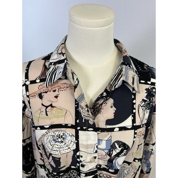 MILK & HONEY Long Sleeve Blouse 90s Hat Lady’s Print Ruched Waist Rayon Women M - Picture 3 of 9